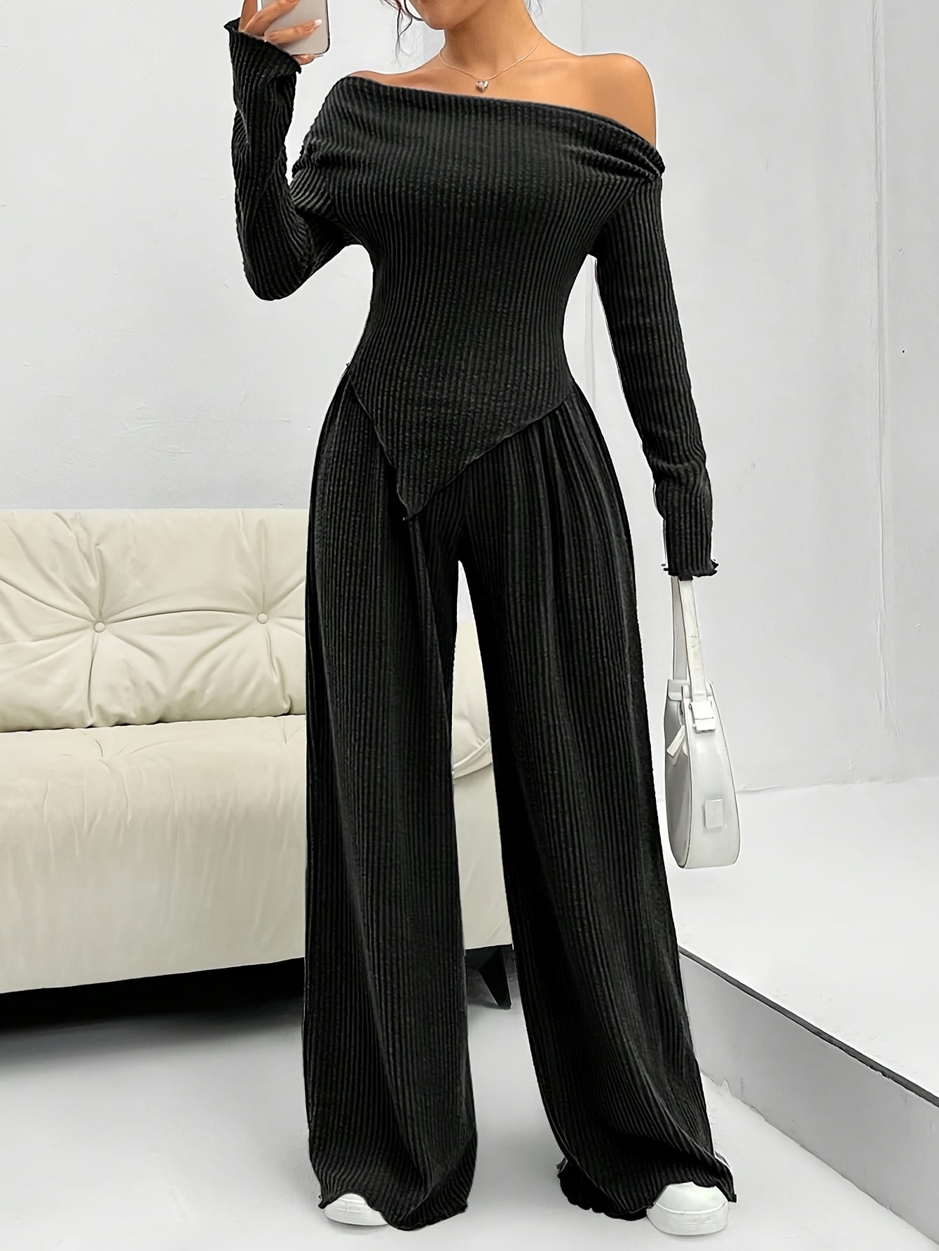 Conjunto Feminino Blusa Manga Longa Assimétrica e Calça Pantalona Confy