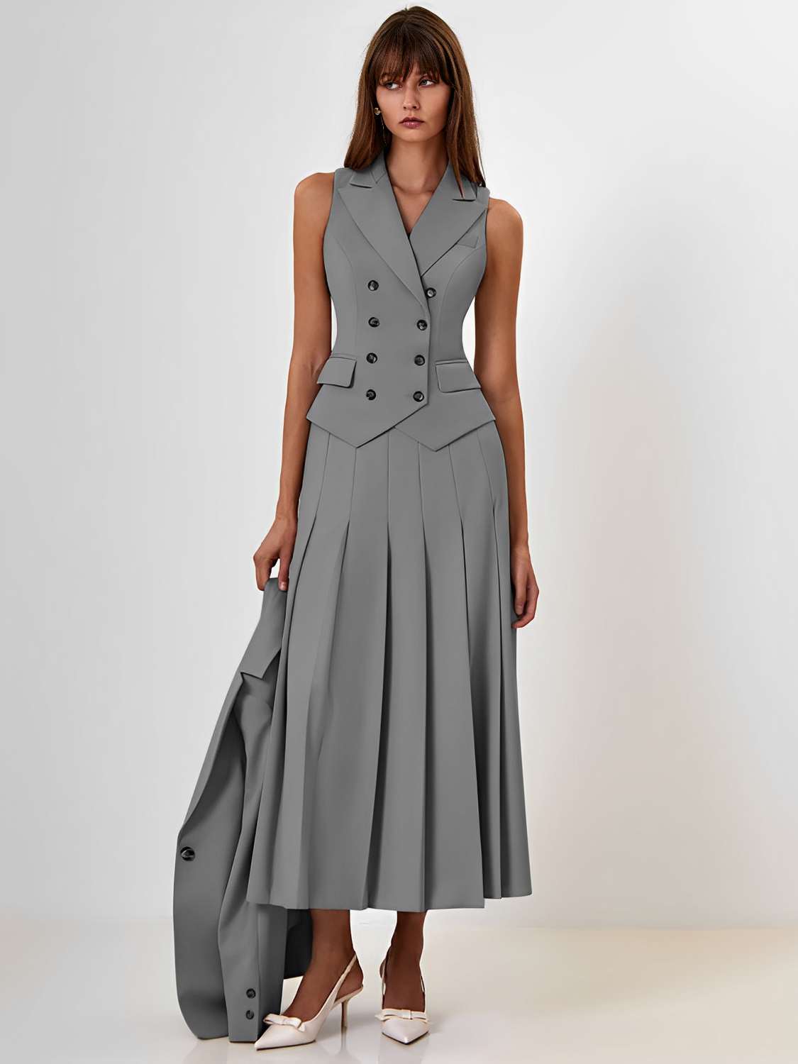 Conjunto Feminino de Alfaiataria com Colete Clássico e Saia Alessandra