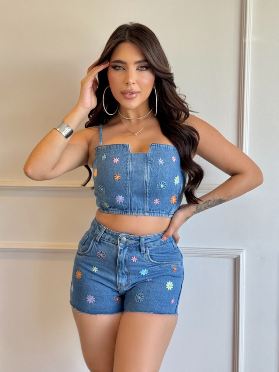 Conjunto Cropped e Shorts Jeans Bordado Camila - FULL