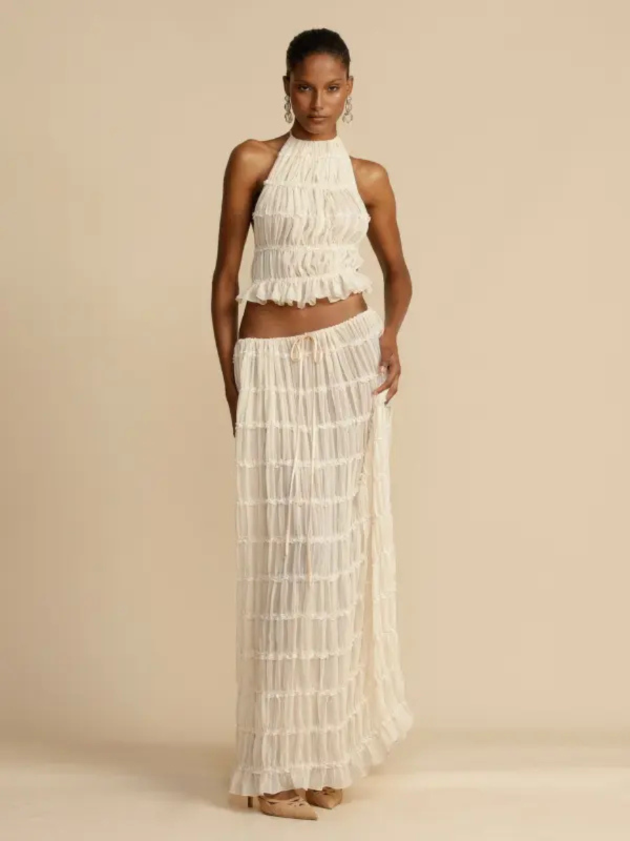 Conjunto de Cropped e Saia longa Chiffon Drapeado Kiara - OÁSIS