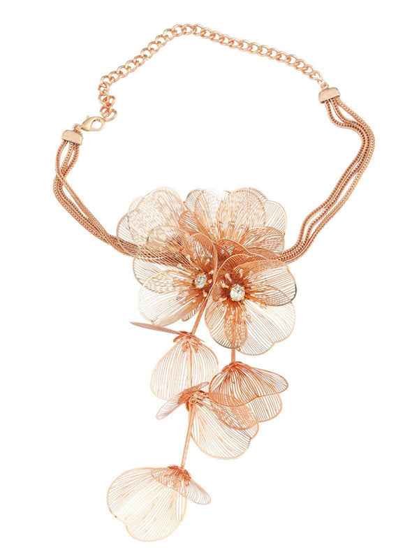 Maxi Colar Rosê Gold com Cascata de Flores de Trama Metálica e Cristais – Saphirine