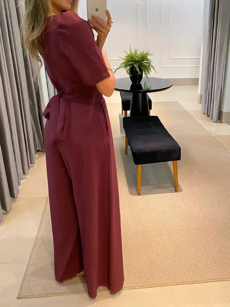 Macacão Longo Pantalona Gola V e Manga Princesa Elegance