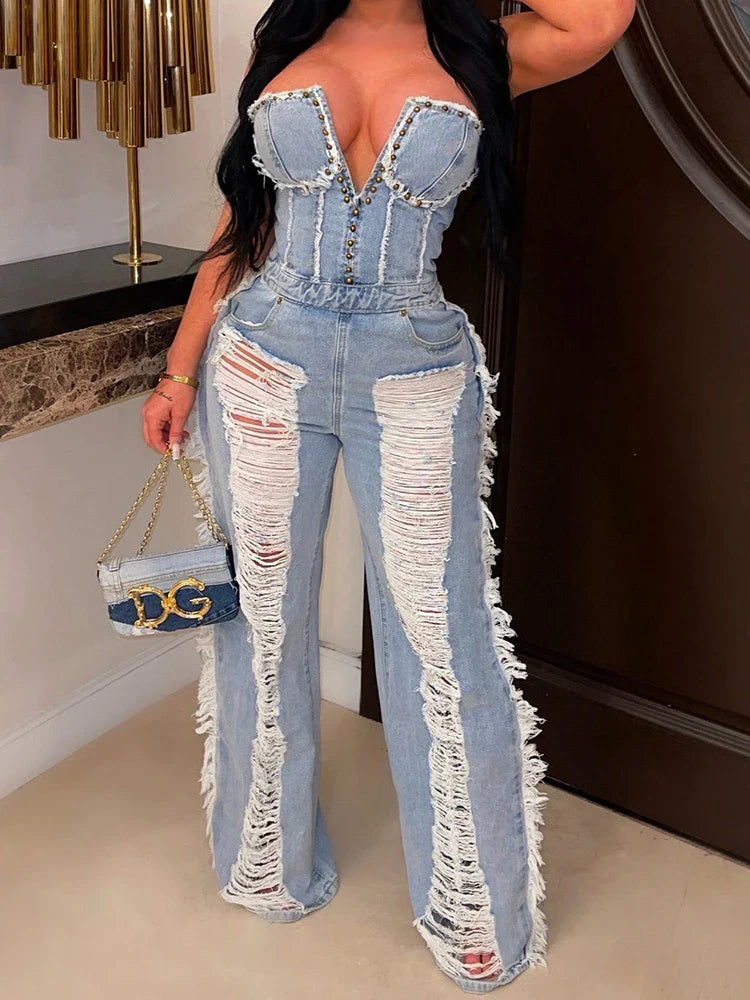 Macacão Jeans Longo Destroid Sem Alças com Decote V Acinturado Demin Premium