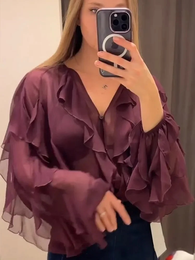 Blusa Manga Longa Chiffon Boho Chic Royal