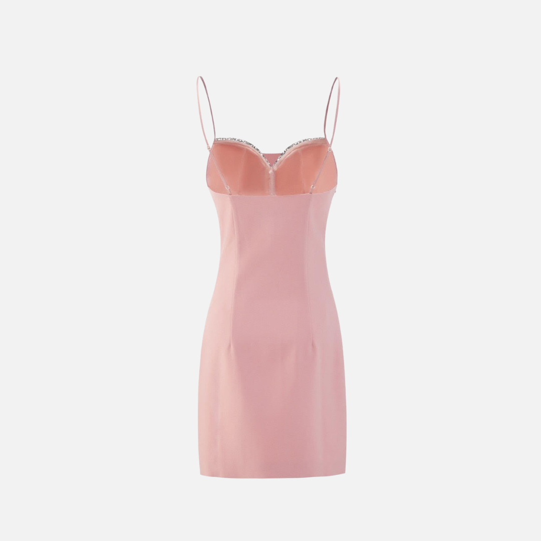 Vestido Curto Rosa com Alças Finas e Bordado de Pérolas no Decote - Perle