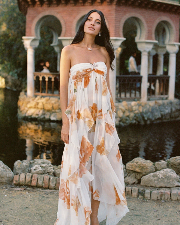 Vestido Longo de Festa Tomara que Caia com Camadas de Babados em Chiffon – Céleste