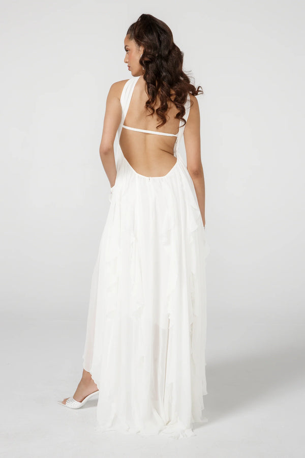Vestido Longo de Festa Tomara que Caia com Camadas de Babados em Chiffon – Céleste