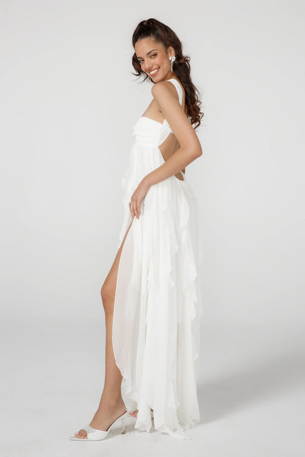 Vestido Longo de Festa Tomara que Caia com Camadas de Babados em Chiffon – Céleste