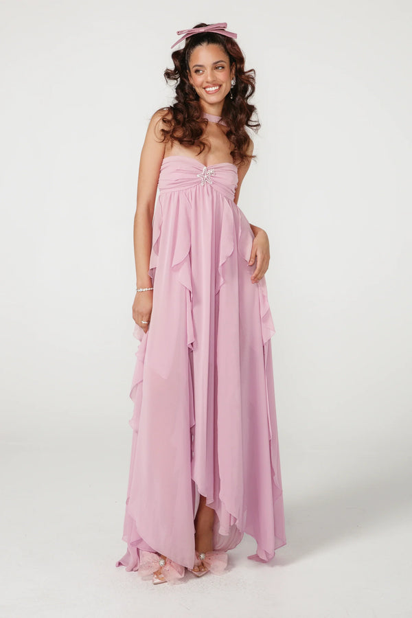 Vestido Longo de Festa Tomara que Caia com Camadas de Babados em Chiffon – Céleste
