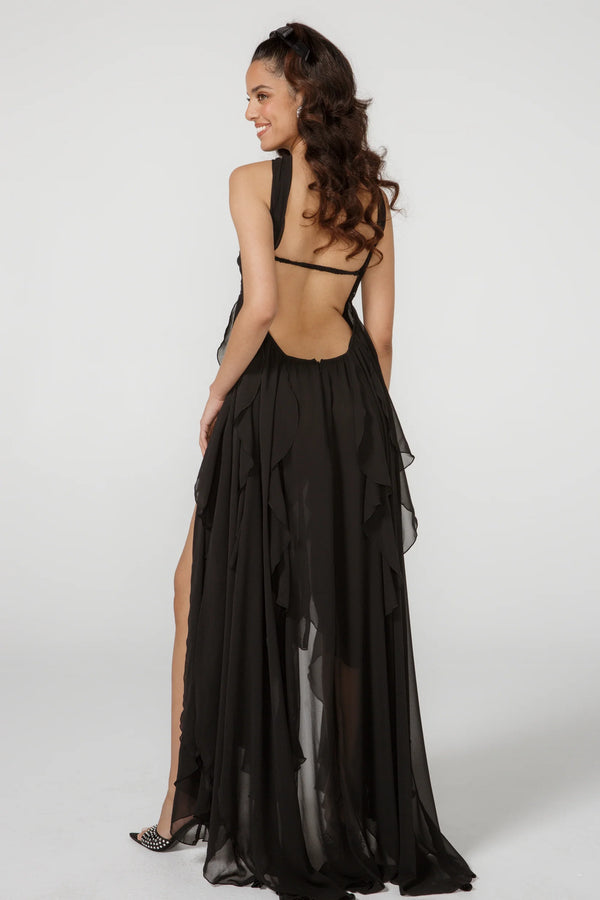 Vestido Longo de Festa Tomara que Caia com Camadas de Babados em Chiffon – Céleste