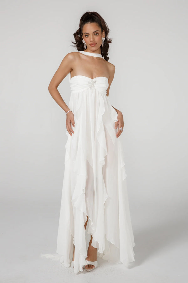 Vestido Longo de Festa Tomara que Caia com Camadas de Babados em Chiffon – Céleste