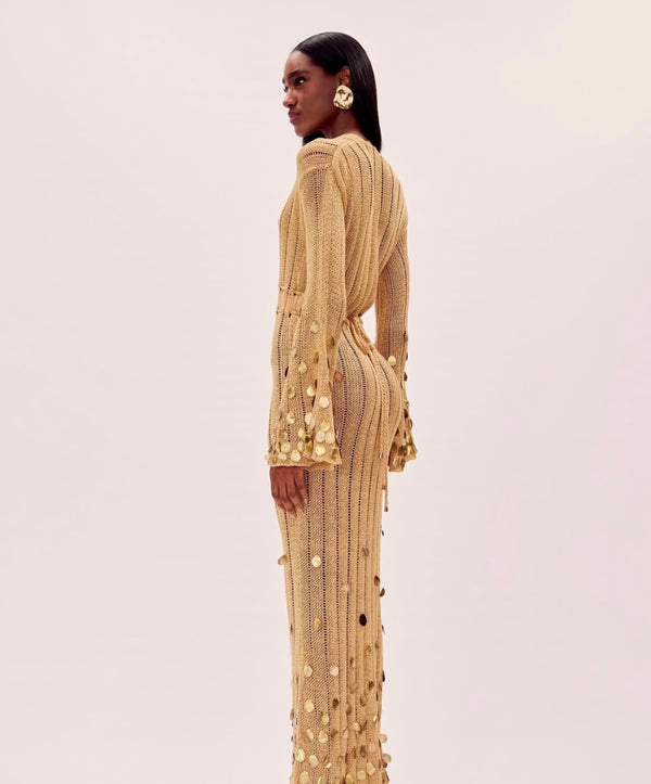 Vestido Longo de Tricô com Paetês Bordados e Manga Sino – Aura