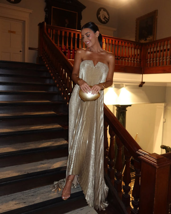 Vestido de Festa Longo Plissado Metalizado Tomara que Caia Evasê – Olympia
