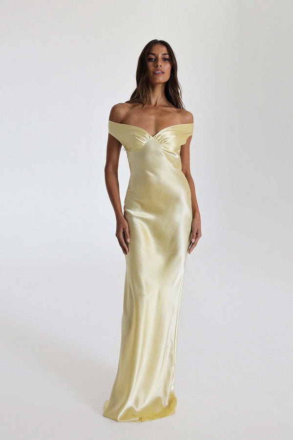 Vestido de Festa Longo de Cetim com Decote Coração Ombro a Ombro – Cannes