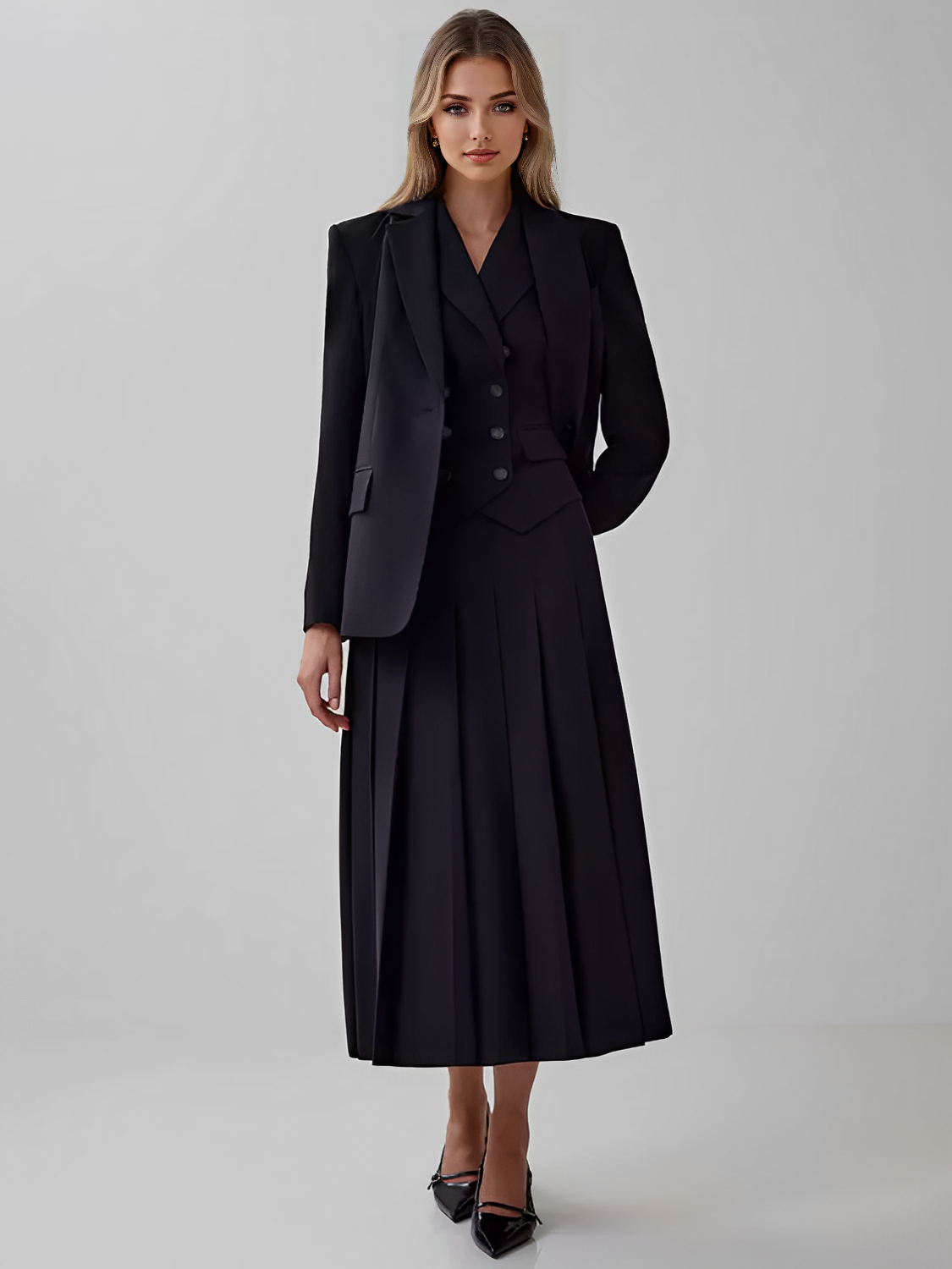 Conjunto Feminino de Alfaiataria com  Colete Clássico e Saia Alessandra