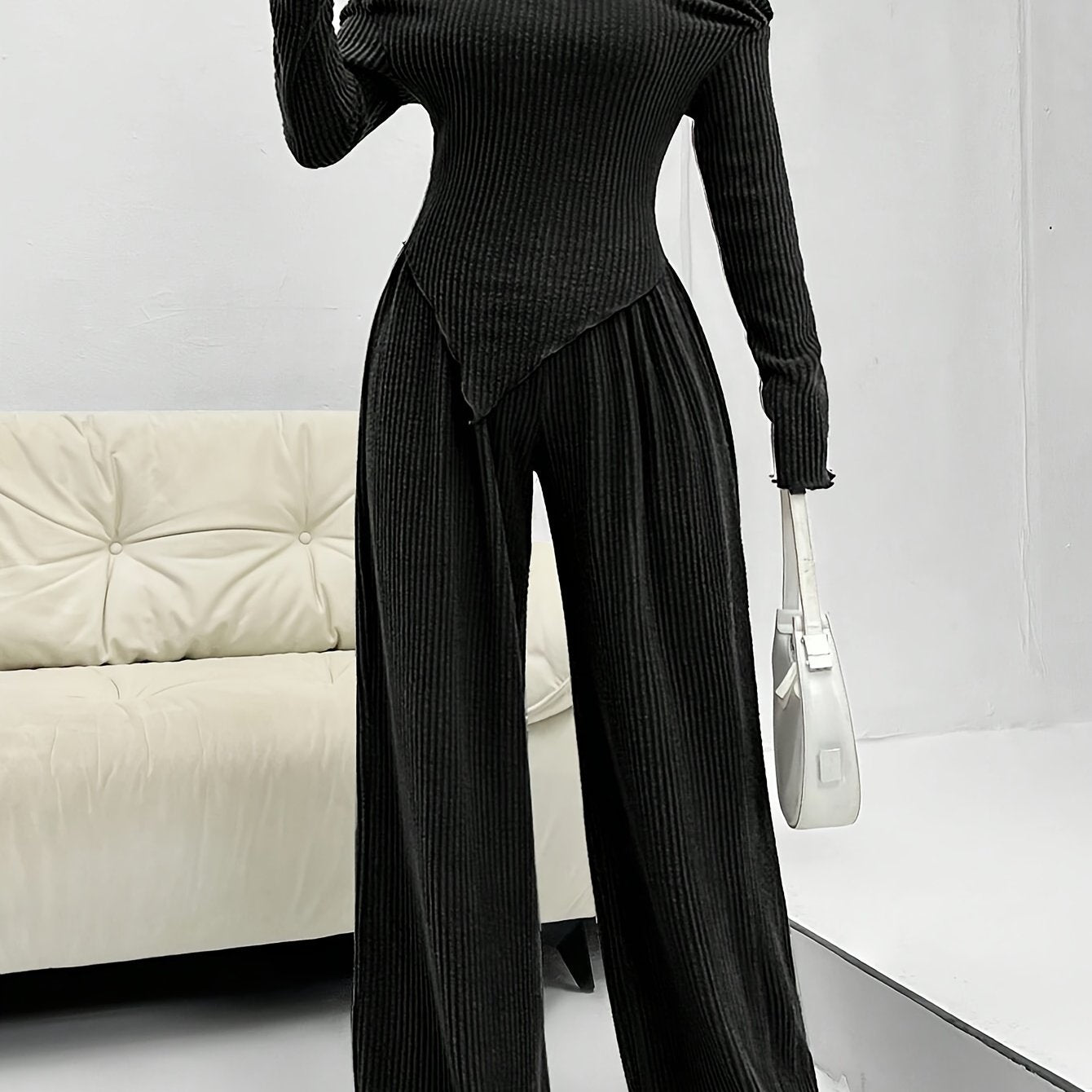 Conjunto Feminino Blusa Manga Longa Assimétrica e Calça Pantalona Confy