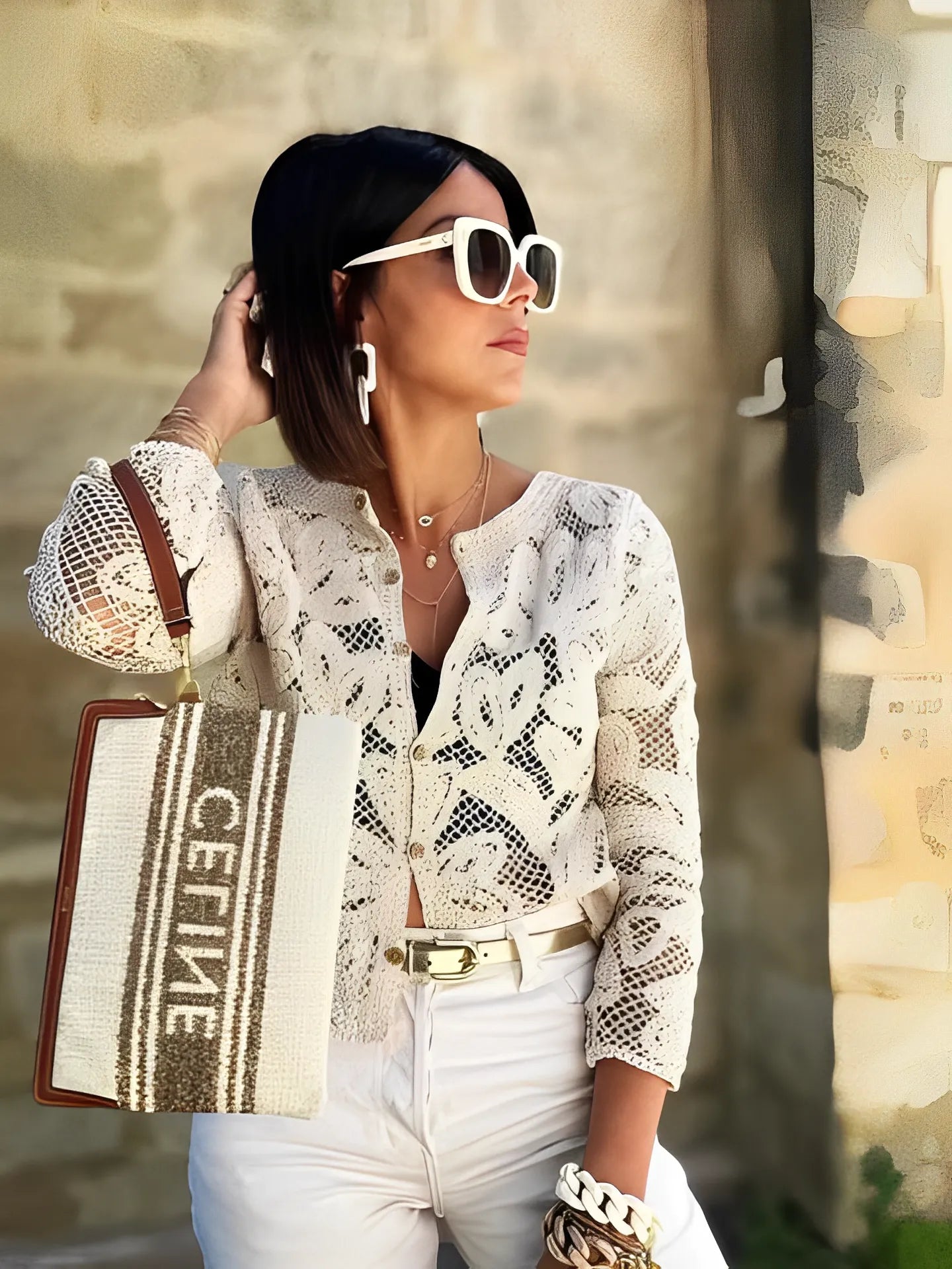 Camisa Feminina Manga Longa de Crochê com Botões Isabel