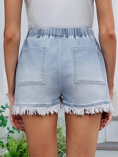 Short Jeans Feminino Cintura Elástica com Barra Desfiada Urban Light