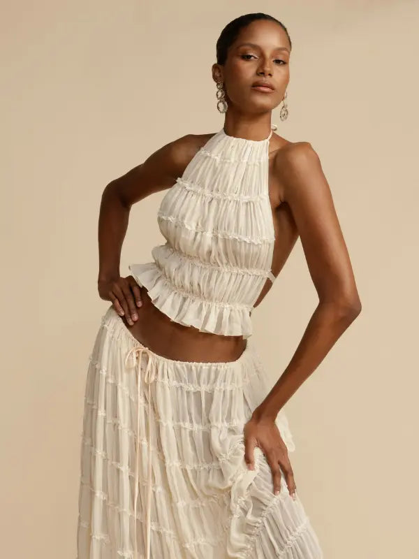 Conjunto de Cropped e Saia longa Chiffon Drapeado Kiara - OÁSIS