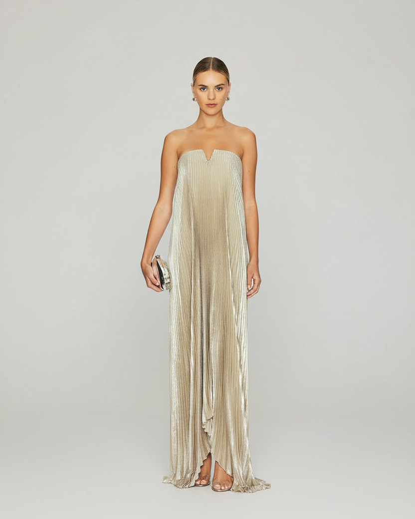 Vestido de Festa Longo Plissado Metalizado Tomara que Caia Evasê – Olympia