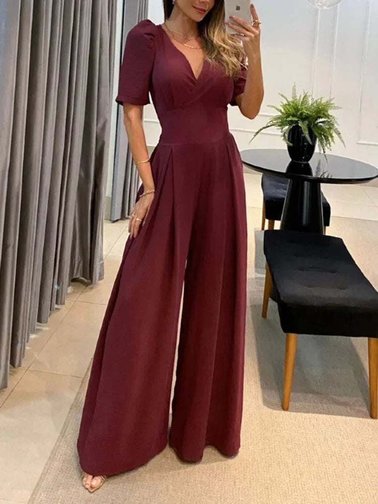 Macacão Longo Pantalona Gola V e Manga Princesa Elegance