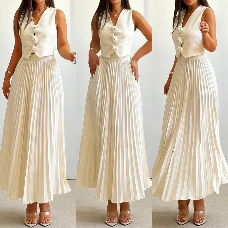 Conjunto Feminino Colete com Aplique de Rosas com Saia Midi Plissada Helena