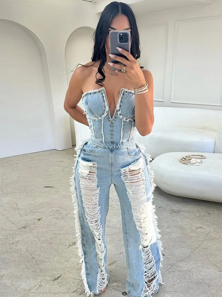 Macacão Jeans Longo Destroid Sem Alças com Decote V Acinturado Demin Premium