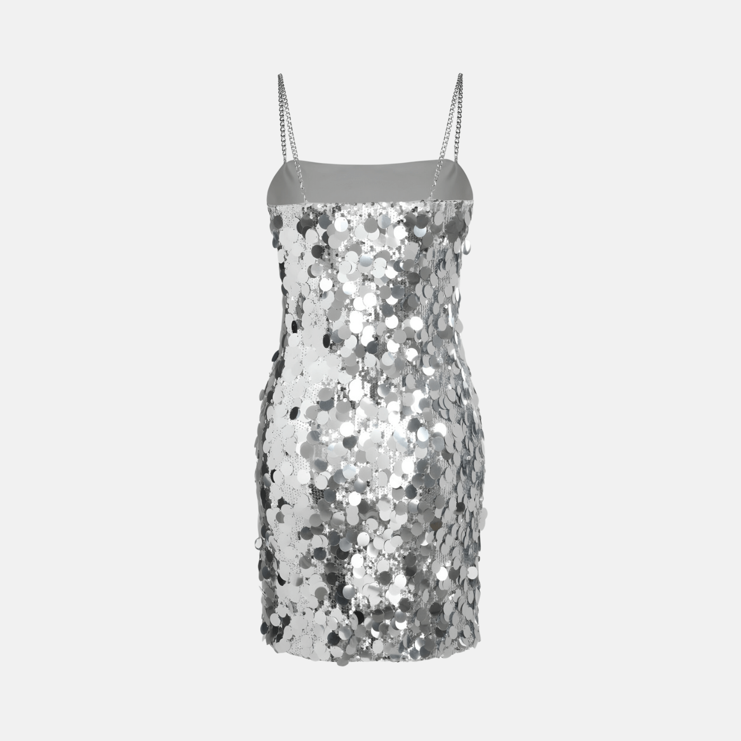Vestido de Festa Curto Prata de Paetê com Alça de Corrente – Brillet
