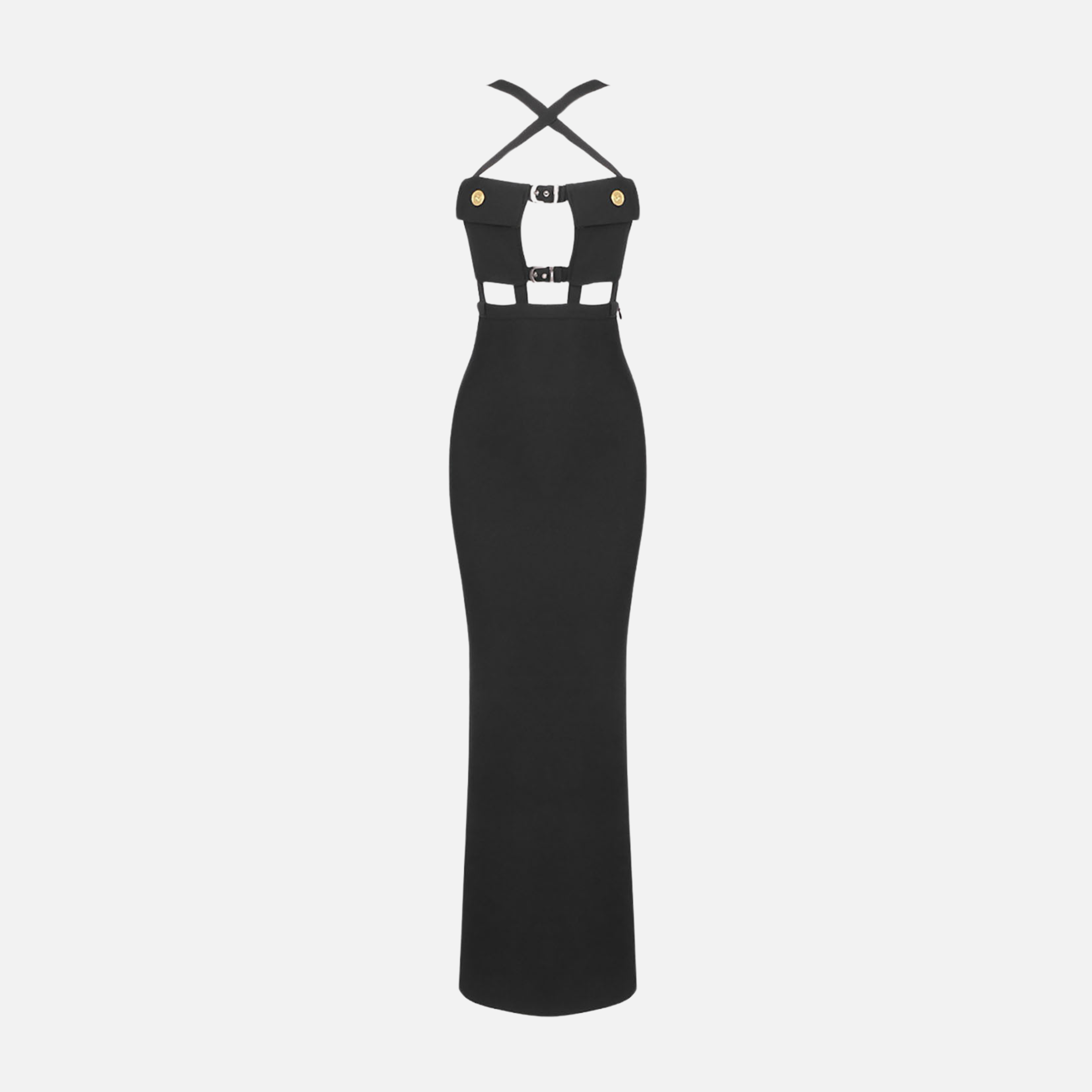 Vestido Longo de Festa Preto com Recortes Vazados e Detalhes em Botões Dourados – Corsage