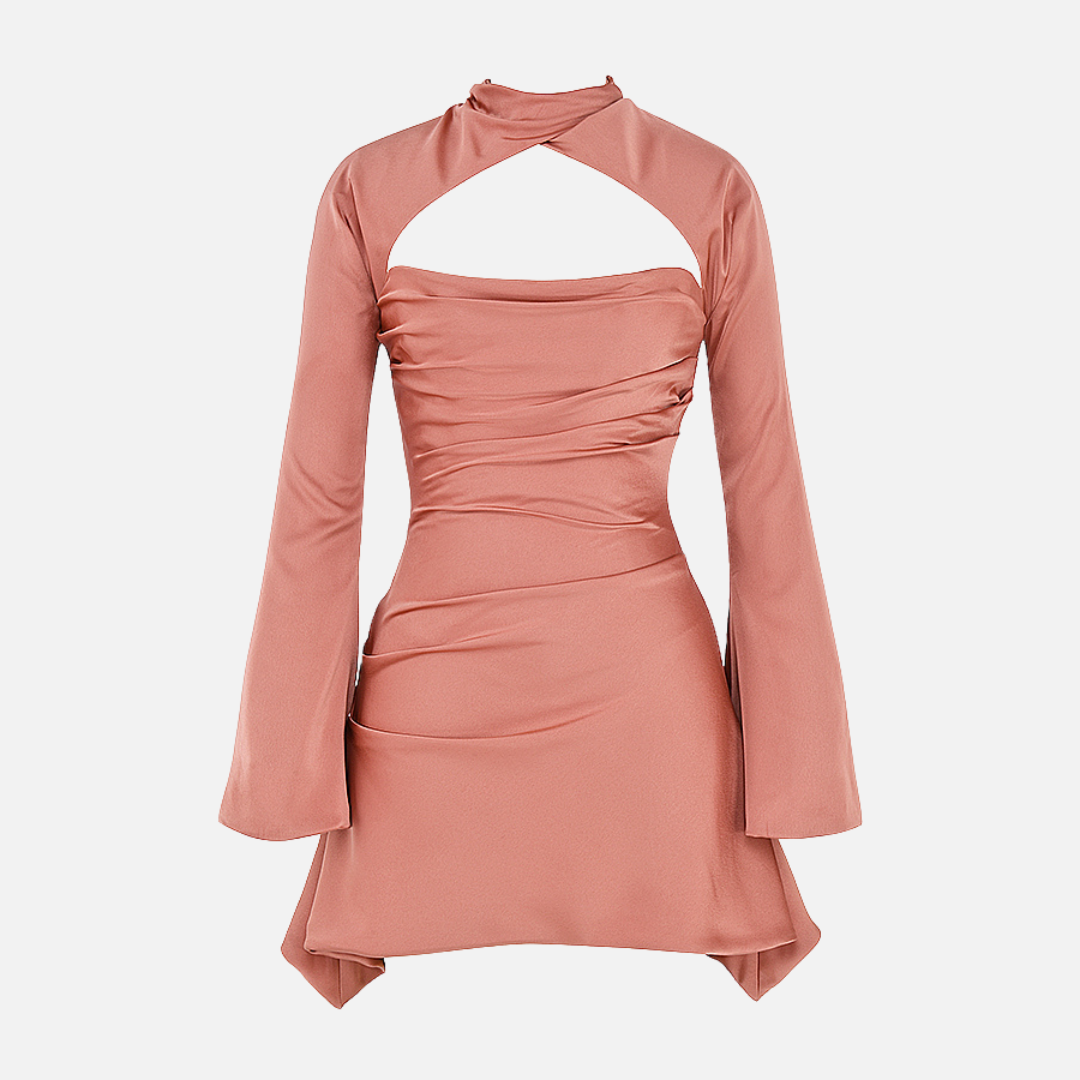 Vestido Curto Preto com Manga Longa e Recorte Frontal Feminino - Clivage Hiver