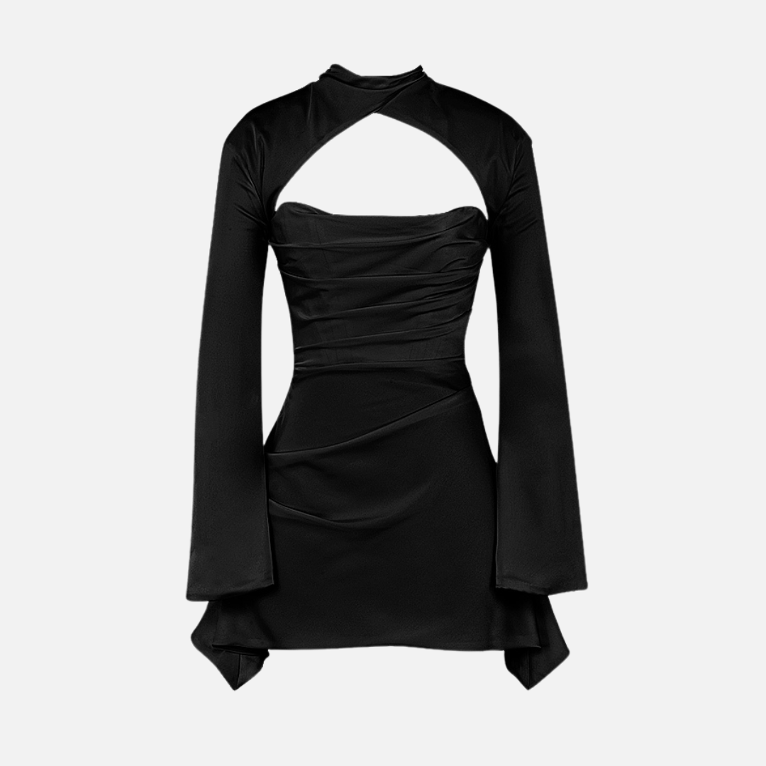 Vestido Curto Preto com Manga Longa e Recorte Frontal Feminino - Clivage Hiver