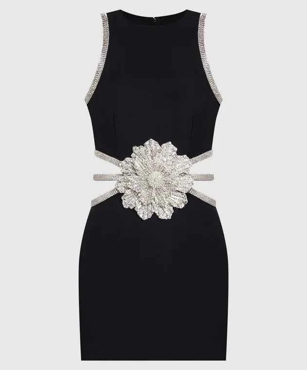 Vestido Curto Preto de Festa com Bordado Floral em Cristais e Recortes Laterais – Bouluds