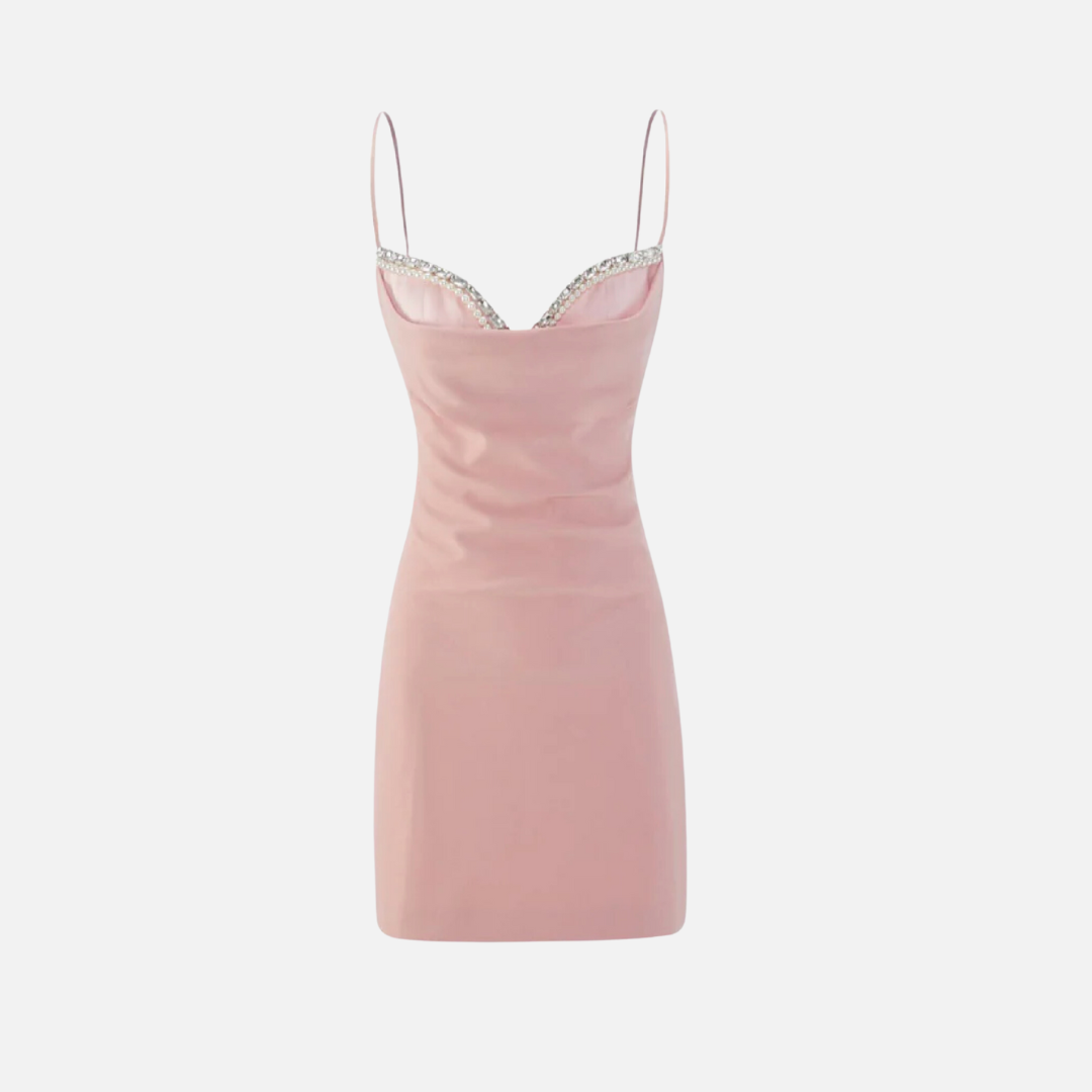 Vestido Curto Rosa com Alças Finas e Bordado de Pérolas no Decote - Perle
