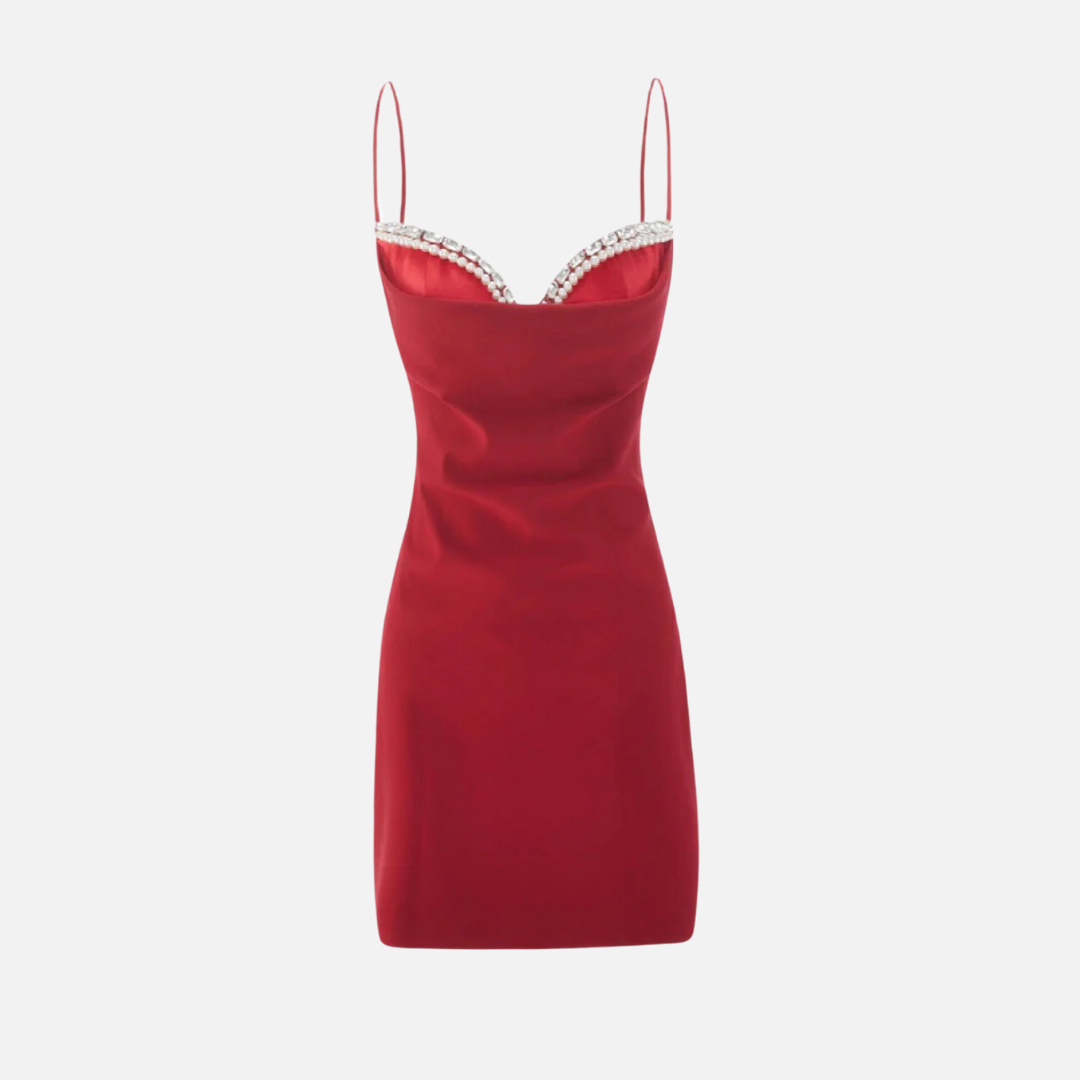 Vestido Curto Rosa com Alças Finas e Bordado de Pérolas no Decote - Perle