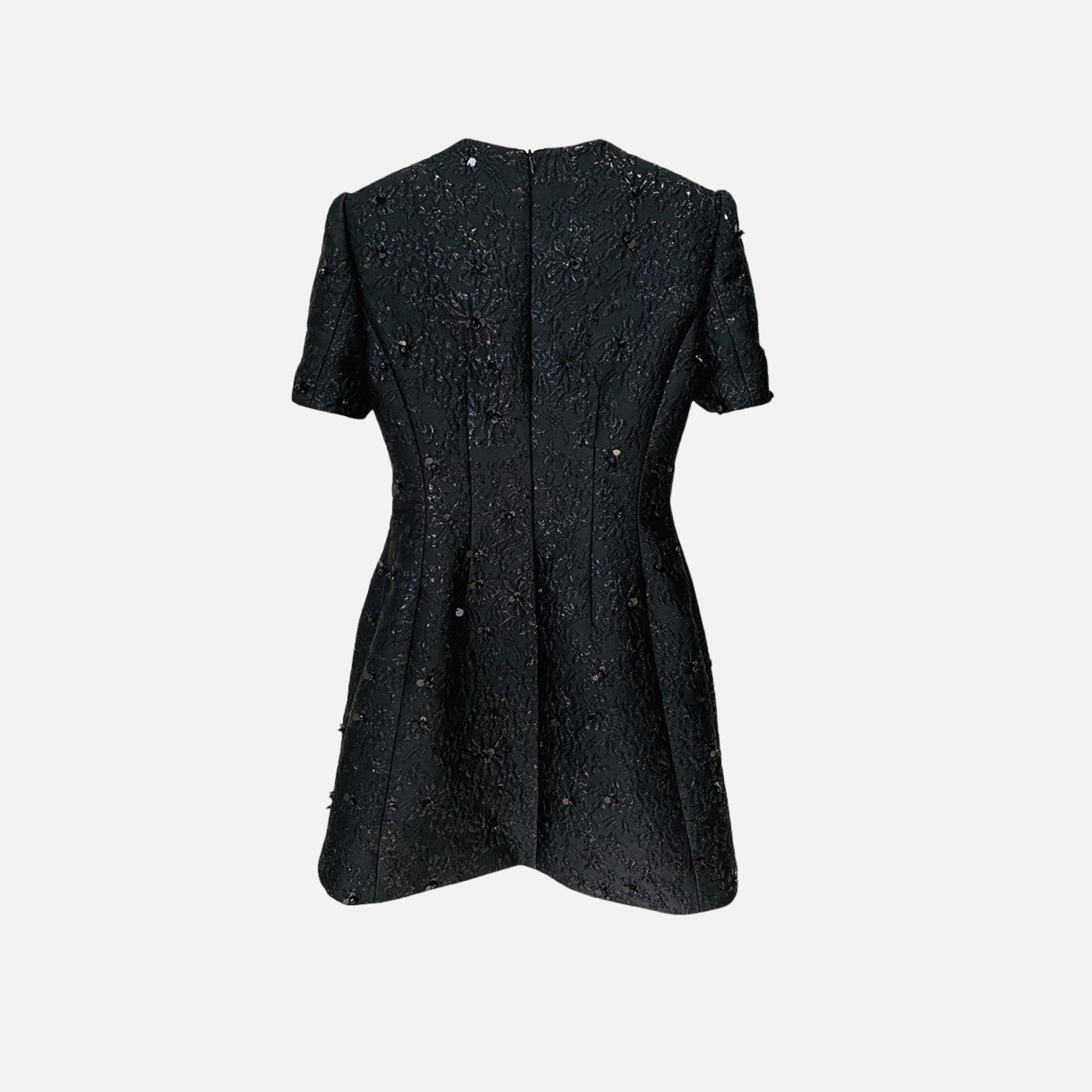 Vestido Curto de Festa em Jacquard Floral com Brilho e Ombros Estruturados – Batmanaff
