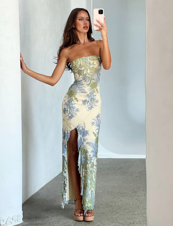 Vestido Longo Floral Tomara que Caia com Fenda Assimétrica e Babados – Fleurisse