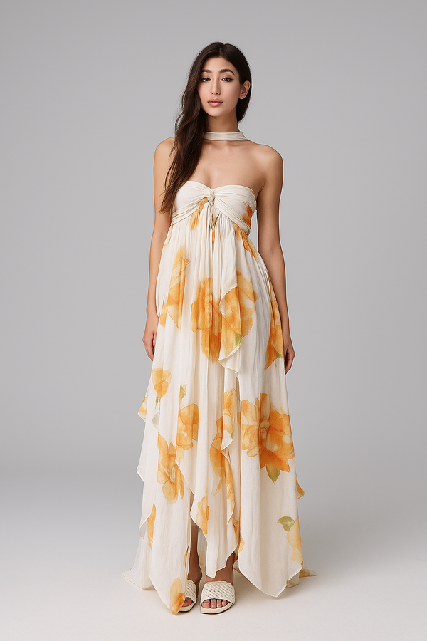 Vestido Longo de Festa Tomara que Caia com Camadas de Babados em Chiffon – Céleste