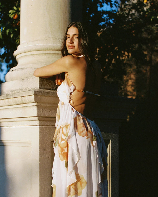 Vestido Longo de Festa Tomara que Caia com Camadas de Babados em Chiffon – Céleste