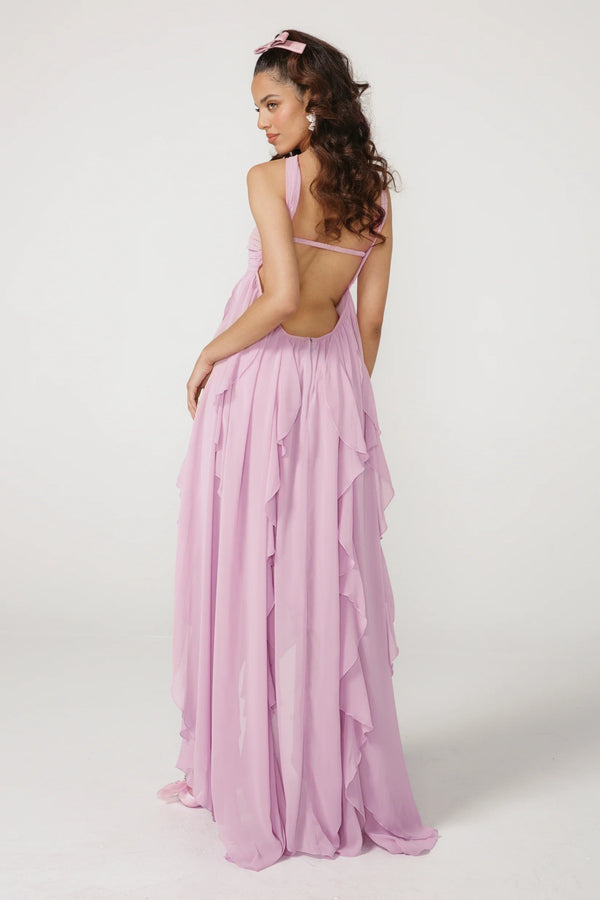 Vestido Longo de Festa Tomara que Caia com Camadas de Babados em Chiffon – Céleste