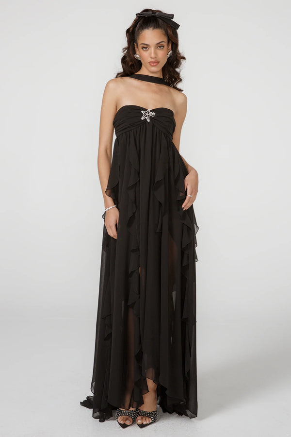 Vestido Longo de Festa Tomara que Caia com Camadas de Babados em Chiffon – Céleste