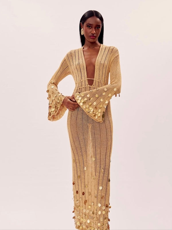 Vestido Longo de Tricô com Paetês Bordados e Manga Sino – Aura
