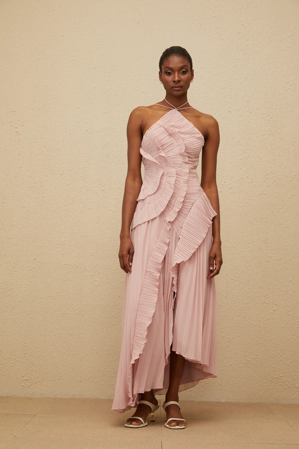 Vestido de Festa Longo Plissado Assimétrico com Babado Escultural – Galerie