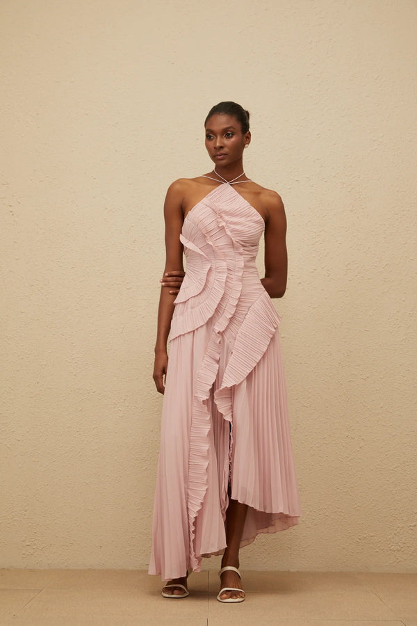 Vestido de Festa Longo Plissado Assimétrico com Babado Escultural – Galerie