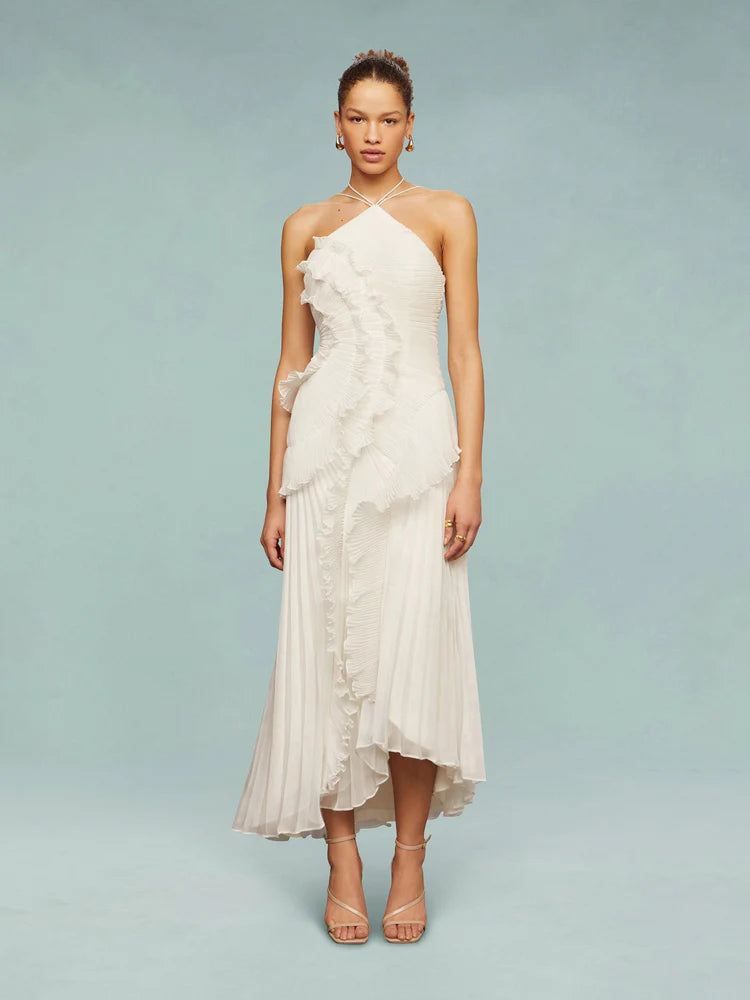 Vestido de Festa Longo Plissado Assimétrico com Babado Escultural – Galerie