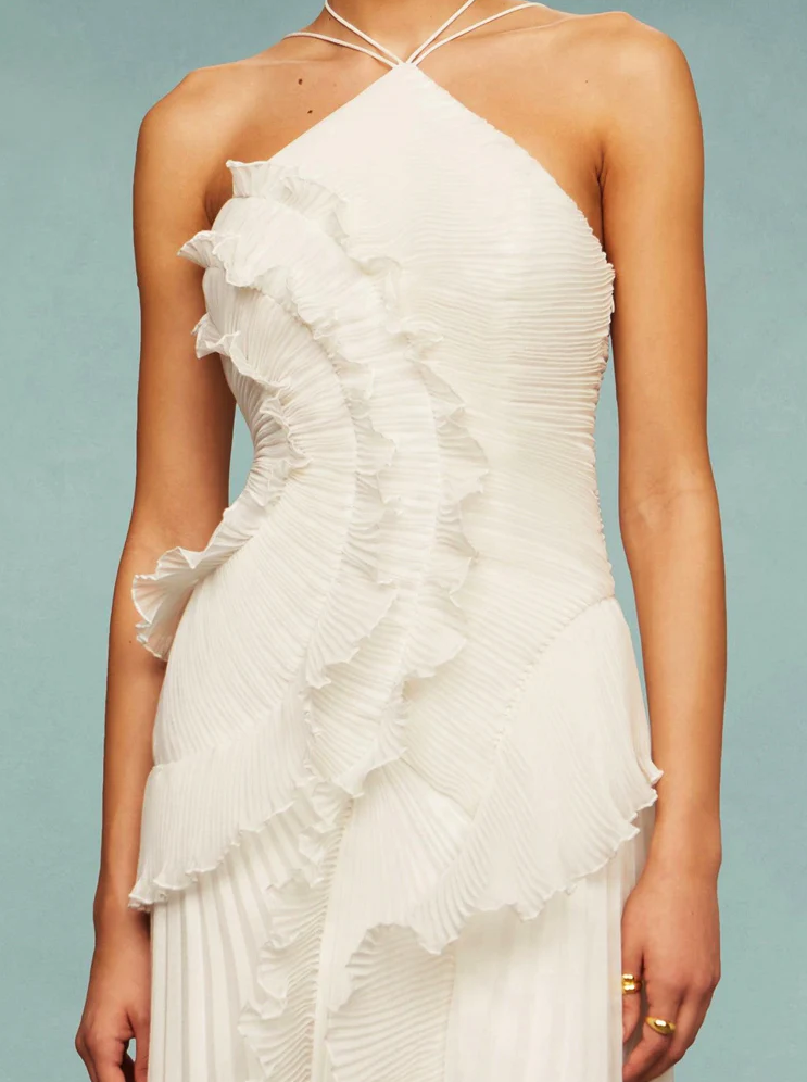 Vestido de Festa Longo Plissado Assimétrico com Babado Escultural – Galerie