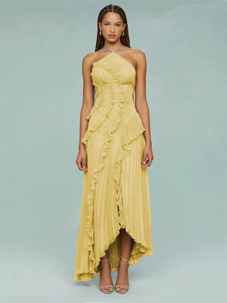 Vestido de Festa Longo Plissado Assimétrico com Babado Escultural – Galerie