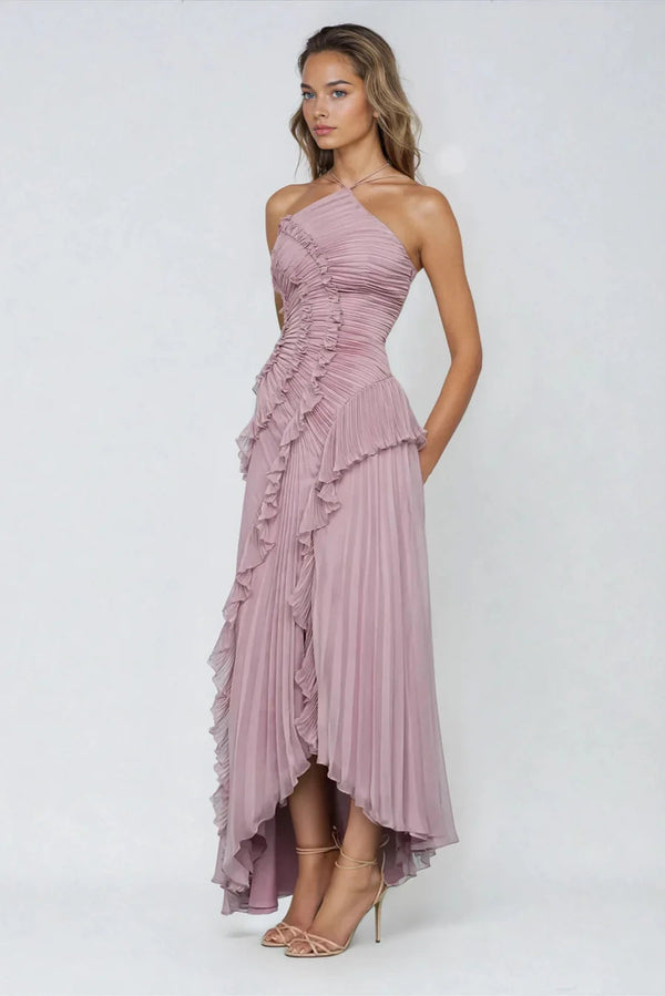 Vestido de Festa Longo Plissado Assimétrico com Babado Escultural – Galerie