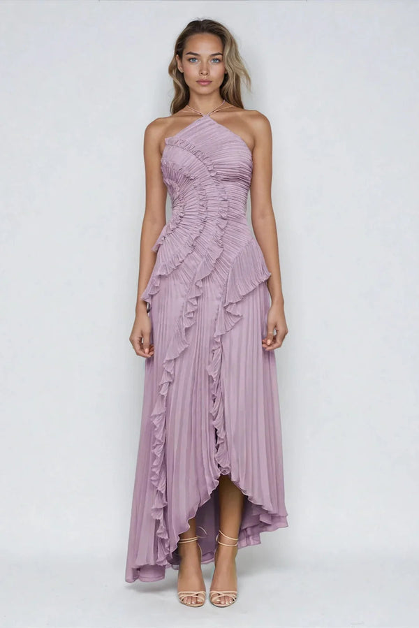Vestido de Festa Longo Plissado Assimétrico com Babado Escultural – Galerie