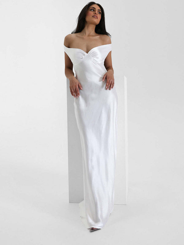 Vestido de Festa Longo de Cetim com Decote Coração Ombro a Ombro – Cannes