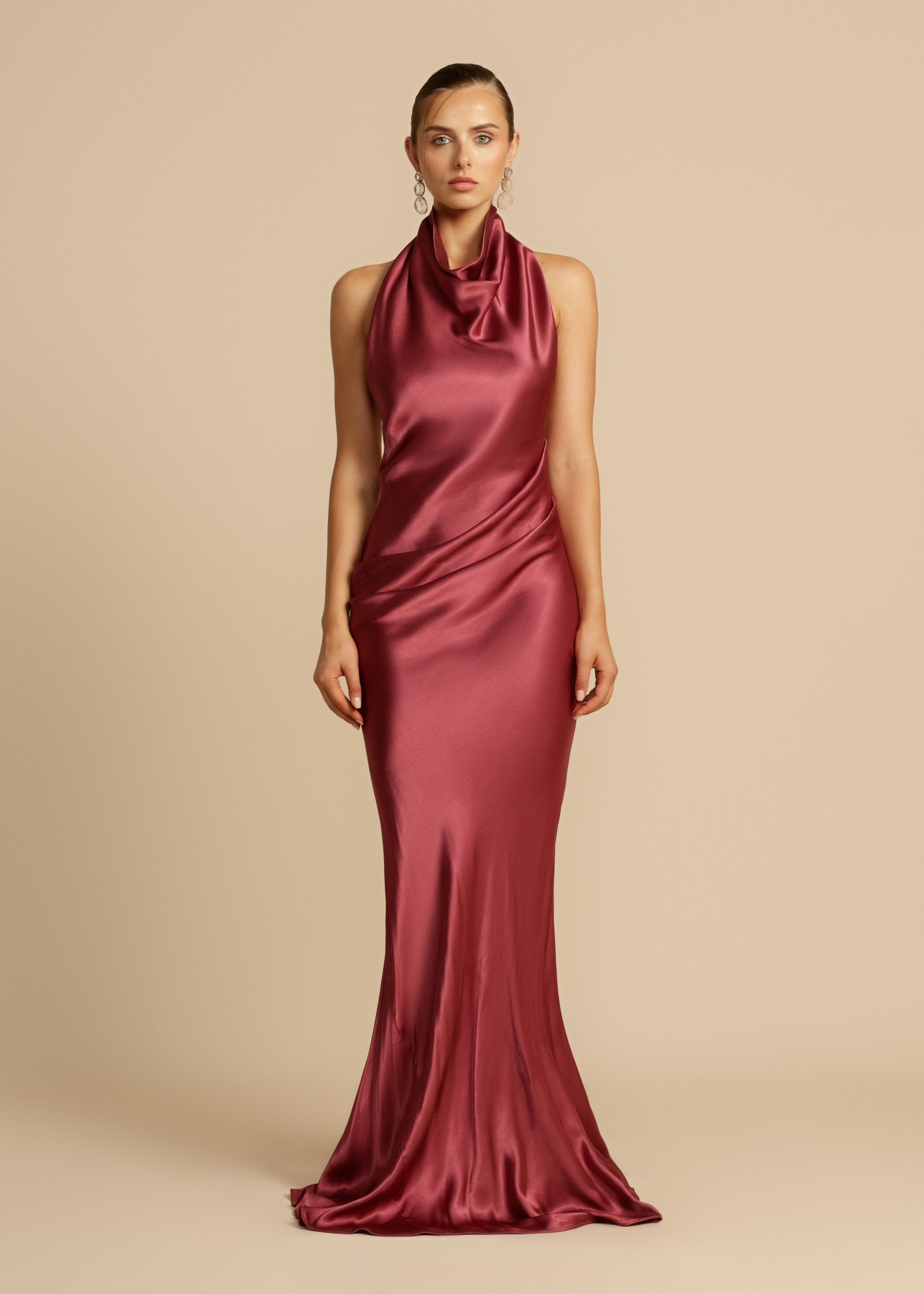 Vestido de Festa Longo de Cetim com Gola Drapê – Aphrodite